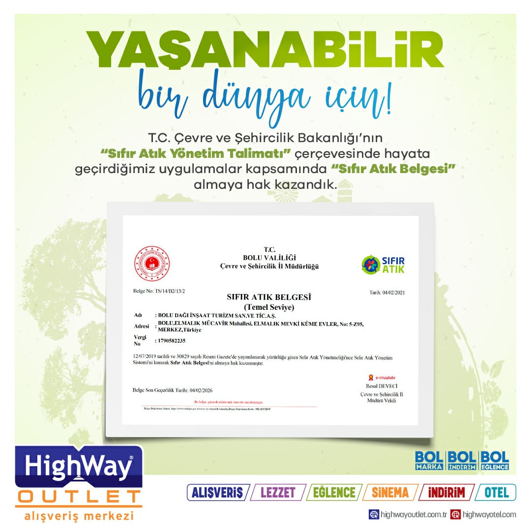 HIGHWAY OUTLET’E SIFIR ATIK BELGESİ